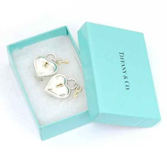 Tiffany & Co. Heart Key Padlock Clip-On Earrings Silver 925 & 18k Gold 750 Auth - Picture 8 of 16